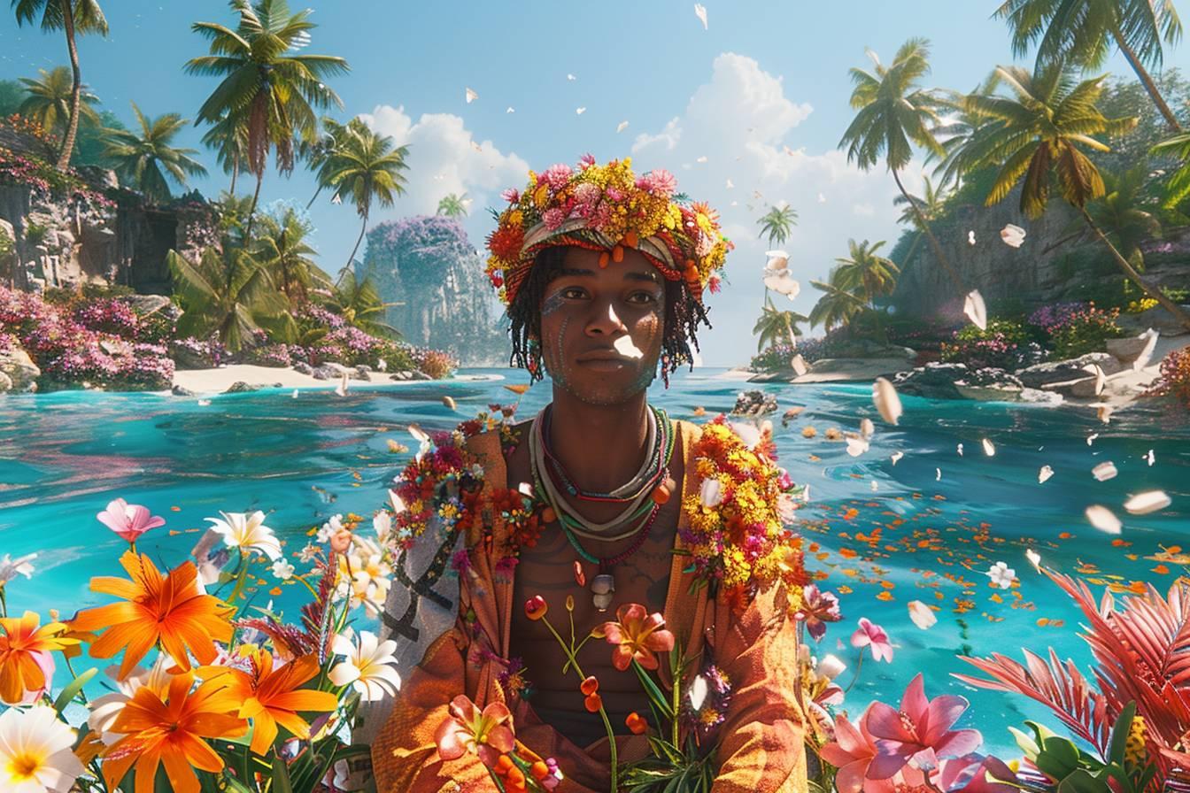 Portrait d'un homme portant une couronne de fleurs dans un paysage tropical exub&eacute;rant.