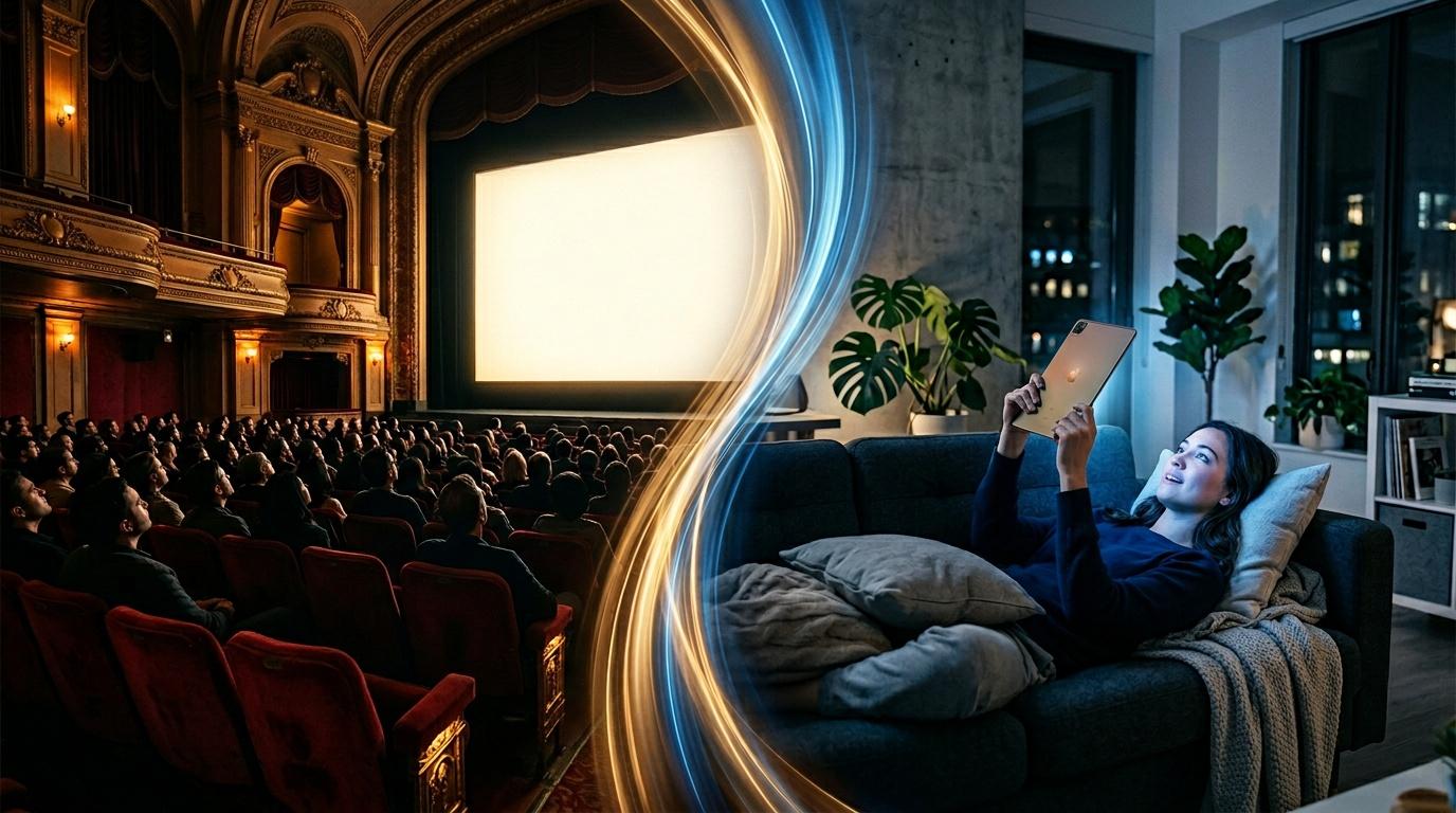 Contraste entre salle de cin&eacute;ma bond&eacute;e et femme seule sur canap&eacute;