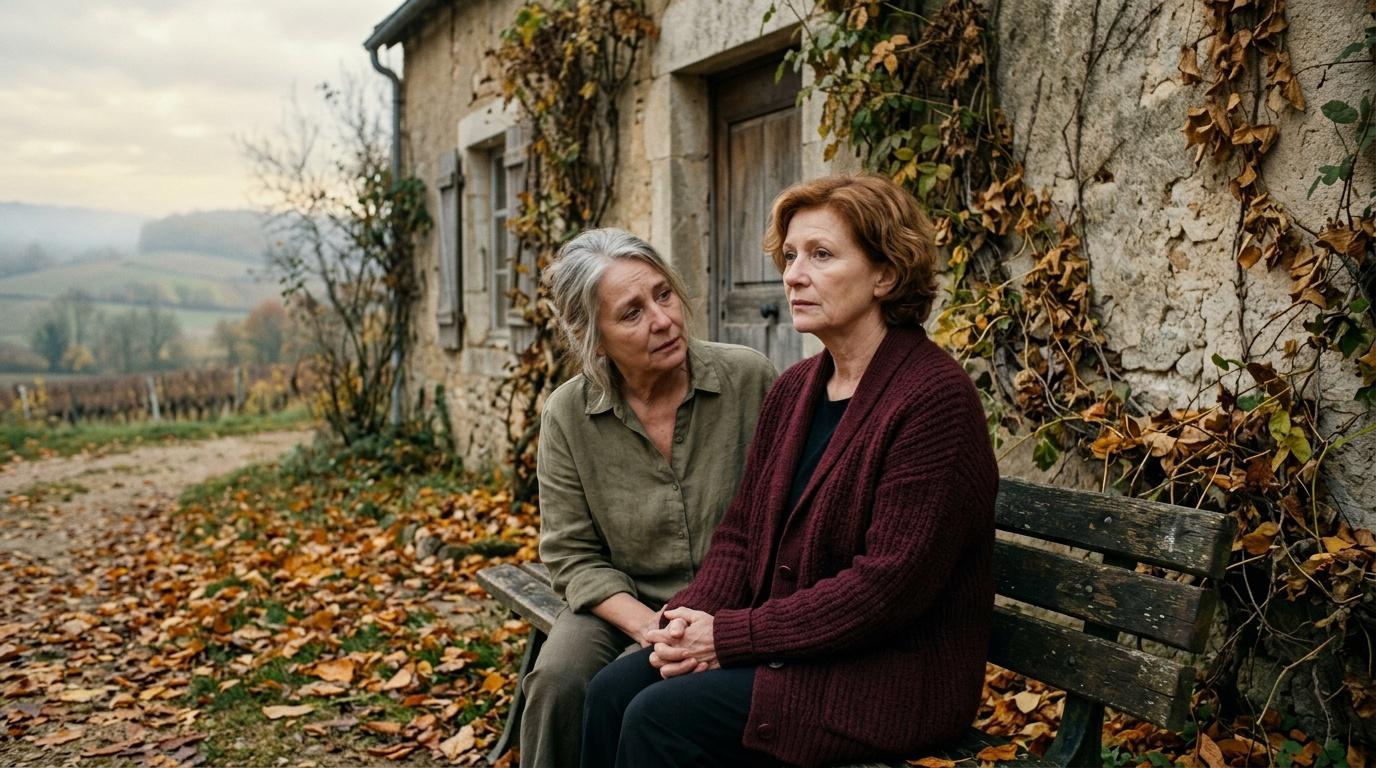 Deux femmes assises sur un banc, devant une maison rurale en automne