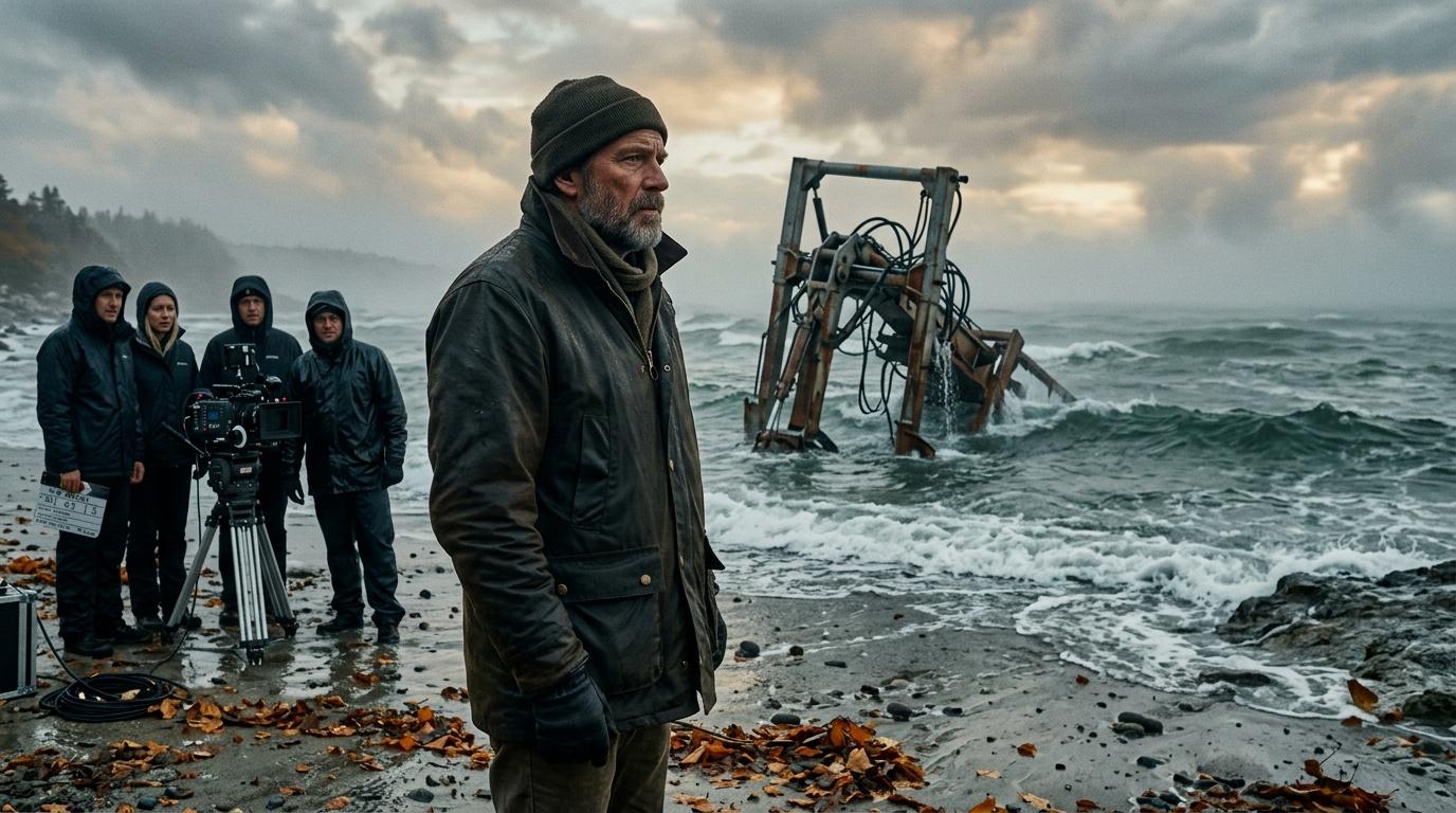 &Eacute;quipe de cin&eacute;ma filmant sur une plage temp&eacute;tueuse avec d&eacute;cors