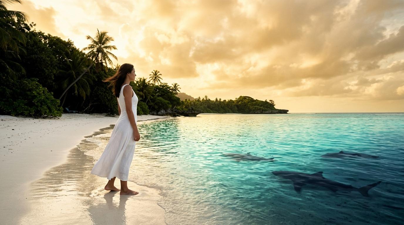 Femme v&ecirc;tue de blanc contemplant l'oc&eacute;an turquoise tropical