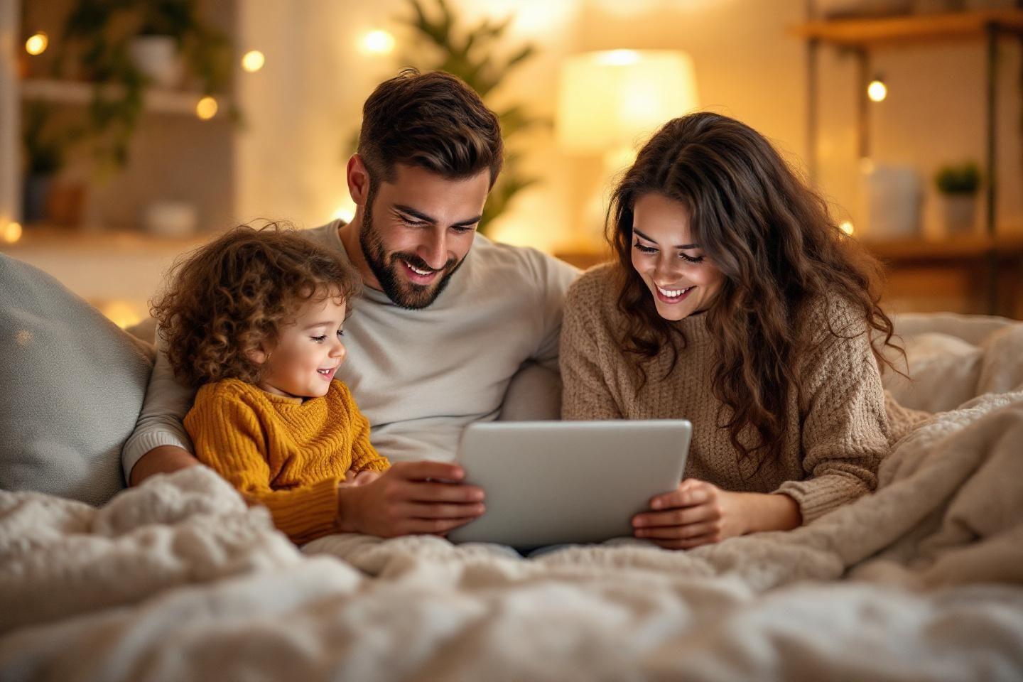 Parents et enfant souriant ensemble avec une tablette num&eacute;rique
