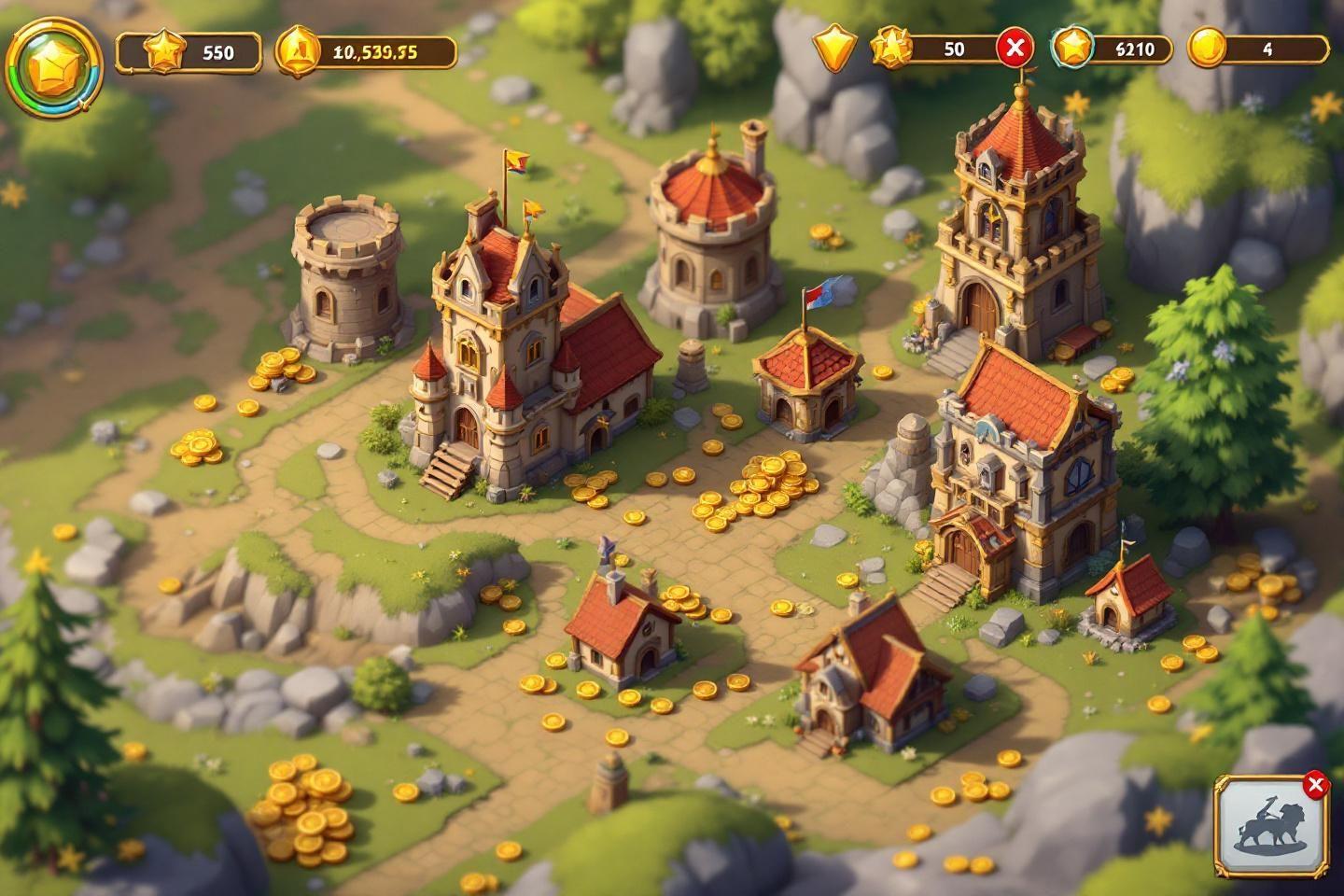 Vue a&eacute;rienne d'un village avec ch&acirc;teaux, pi&egrave;ces d'or et chemins