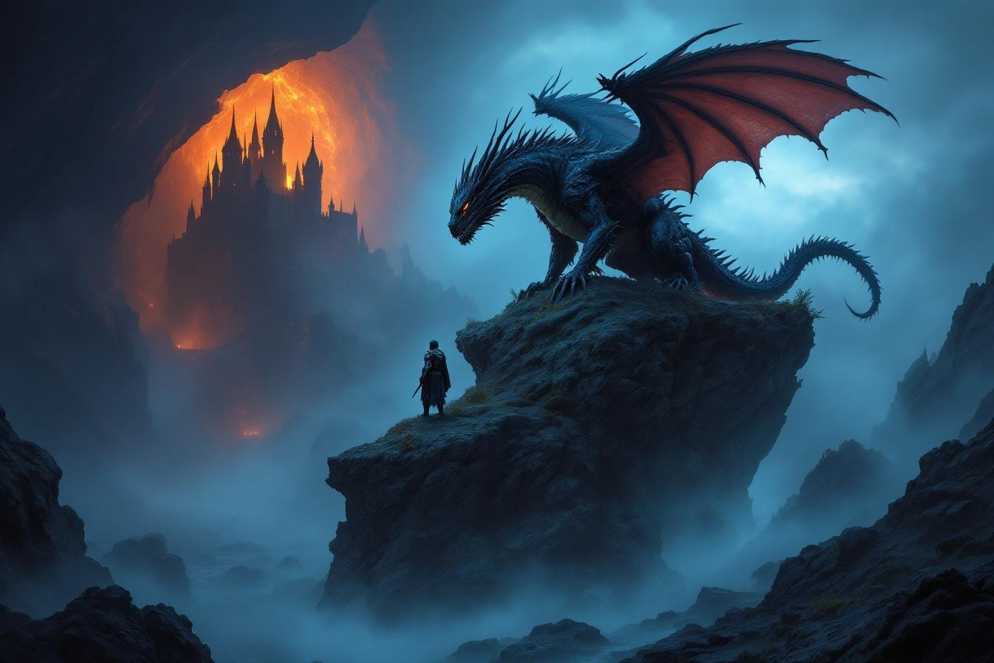 Dragon noir et bleu sur un rocher face à un château embrasé