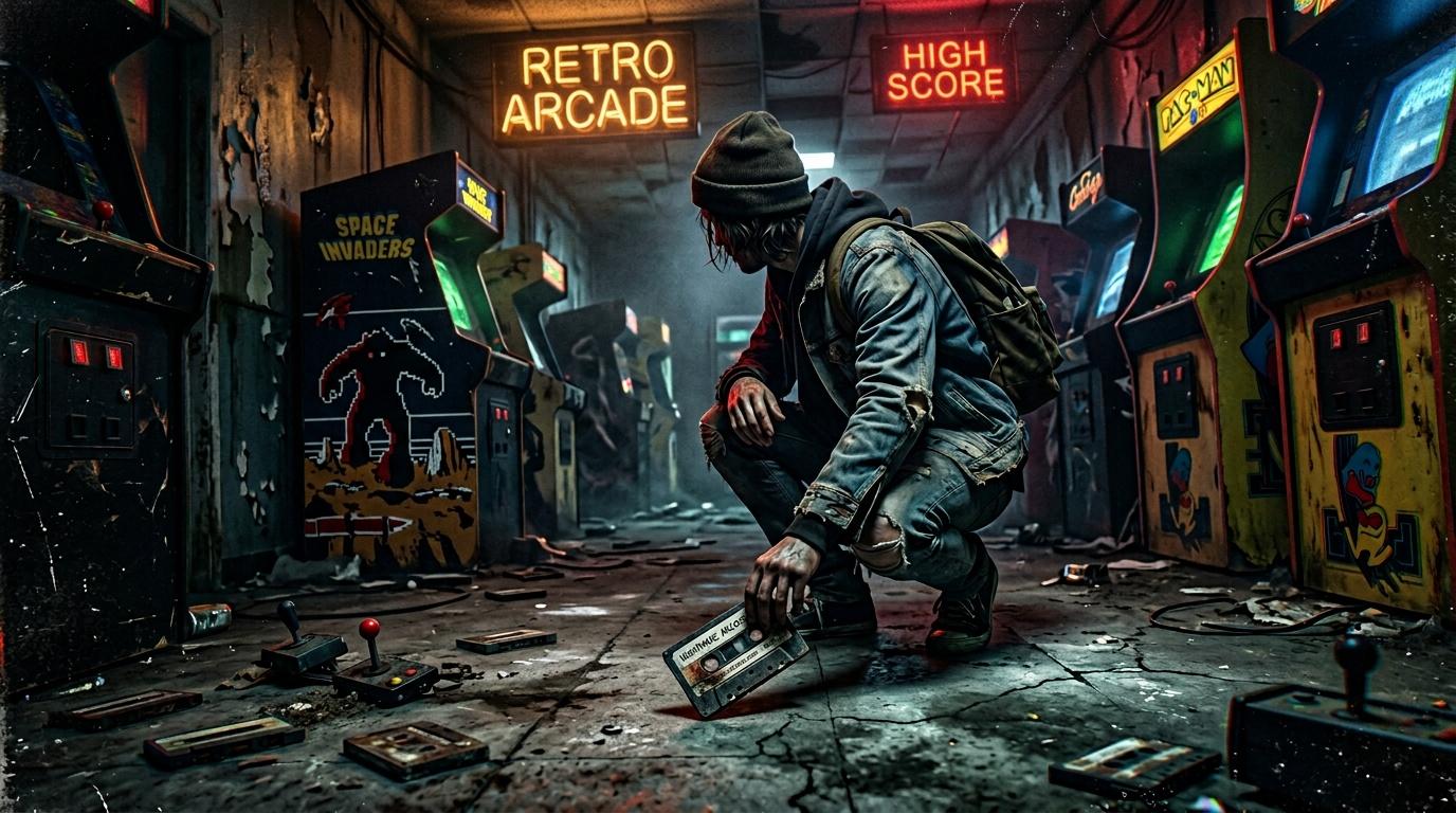 Homme explorant une arcade rétro déserte et délabrée
