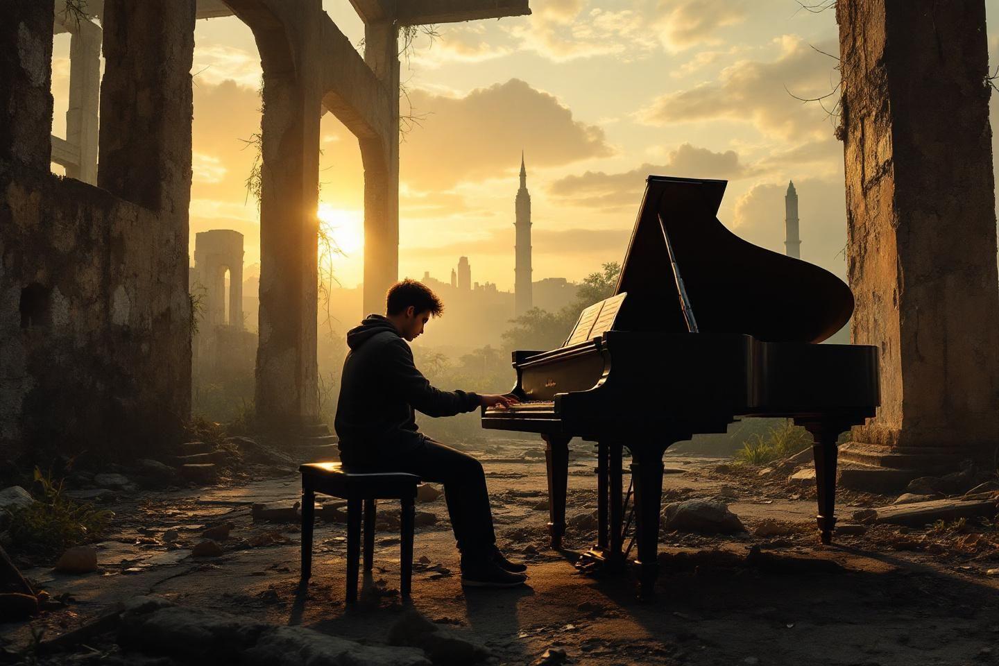 Pianiste solitaire jouant dans des décombres au coucher du soleil
