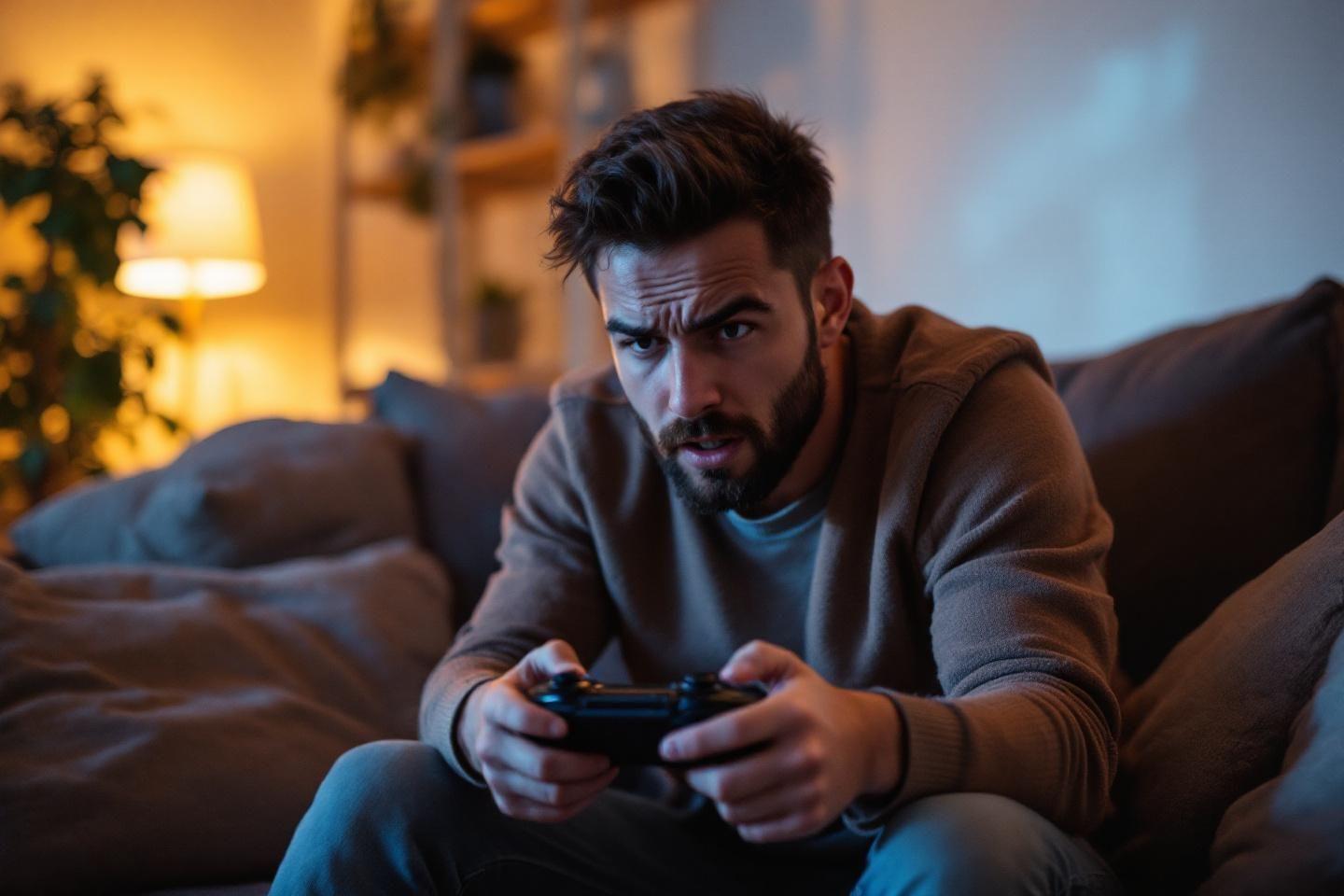 Homme barbu jouant aux jeux vidéo sur canapé