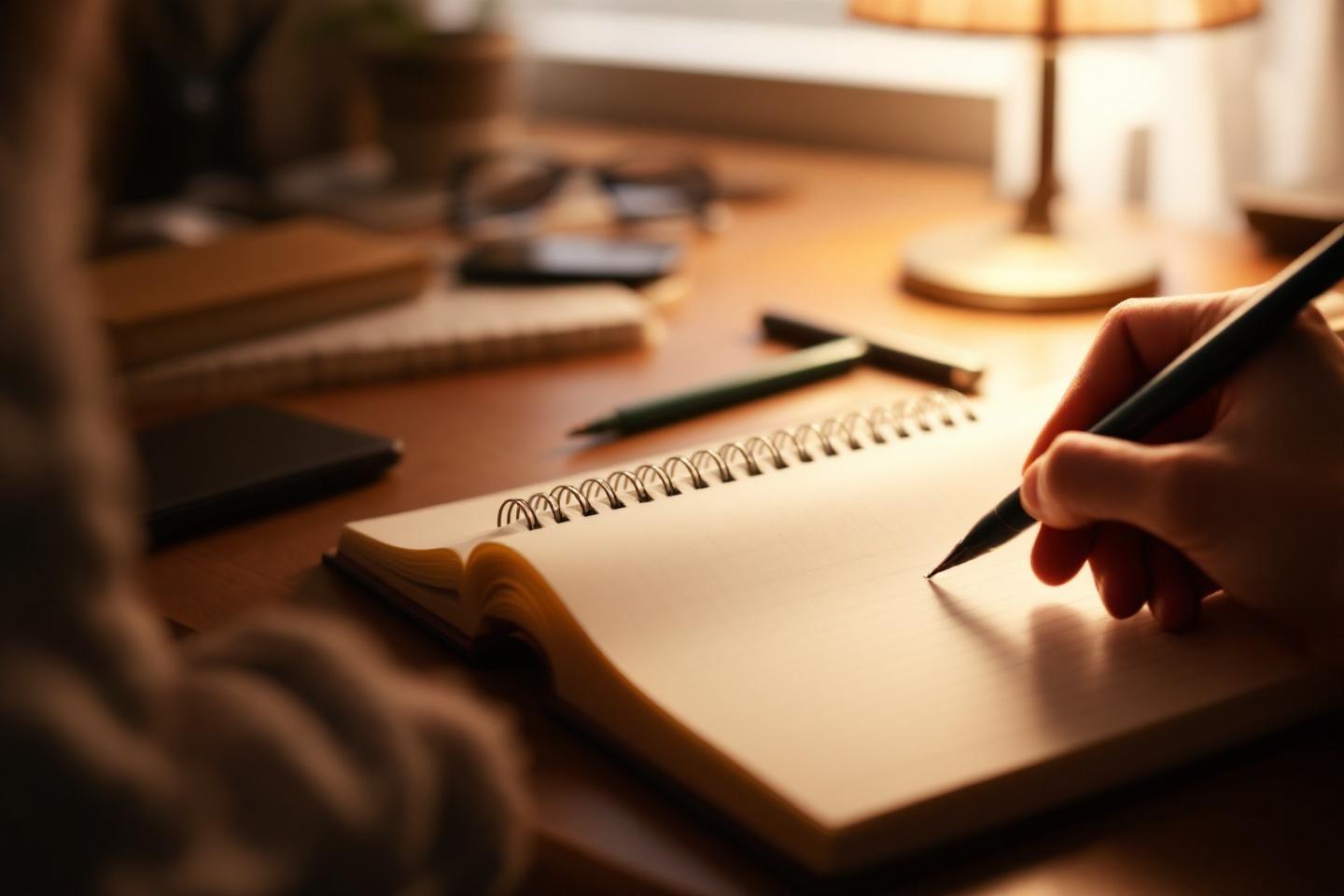 Crayon sur carnet pr&egrave;s d'une lampe de bureau