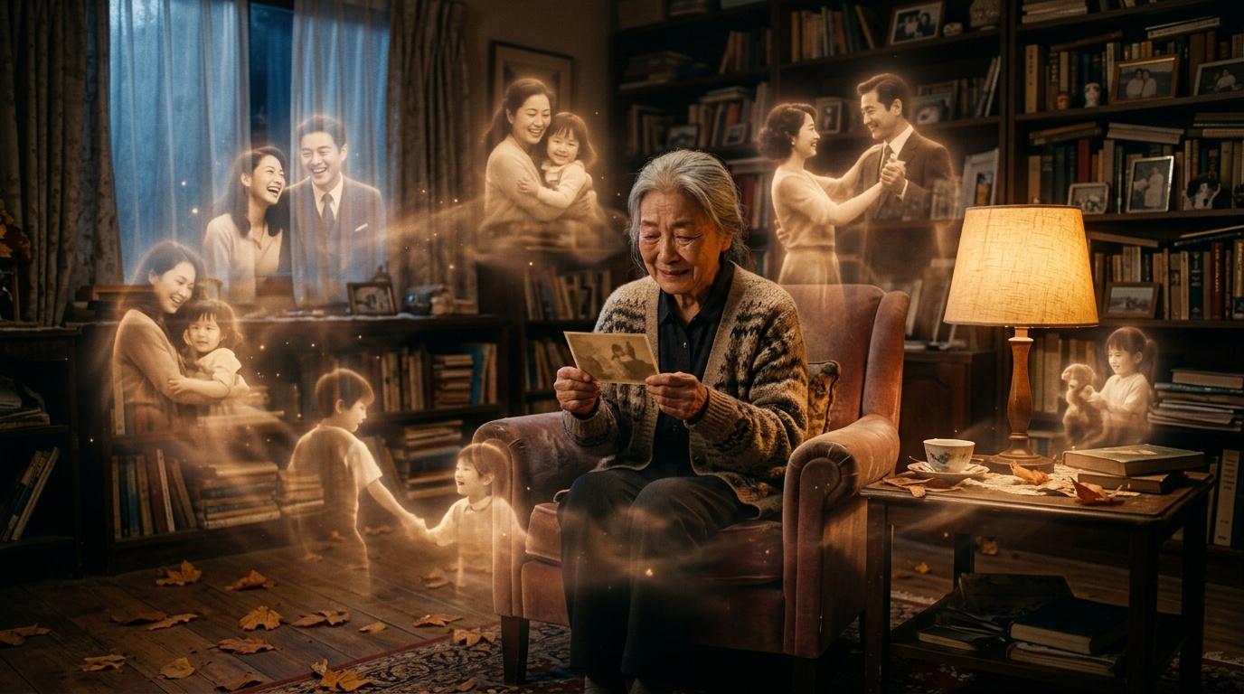 Femme &acirc;g&eacute;e regardant photos, fant&ocirc;mes familiaux lumineux autour