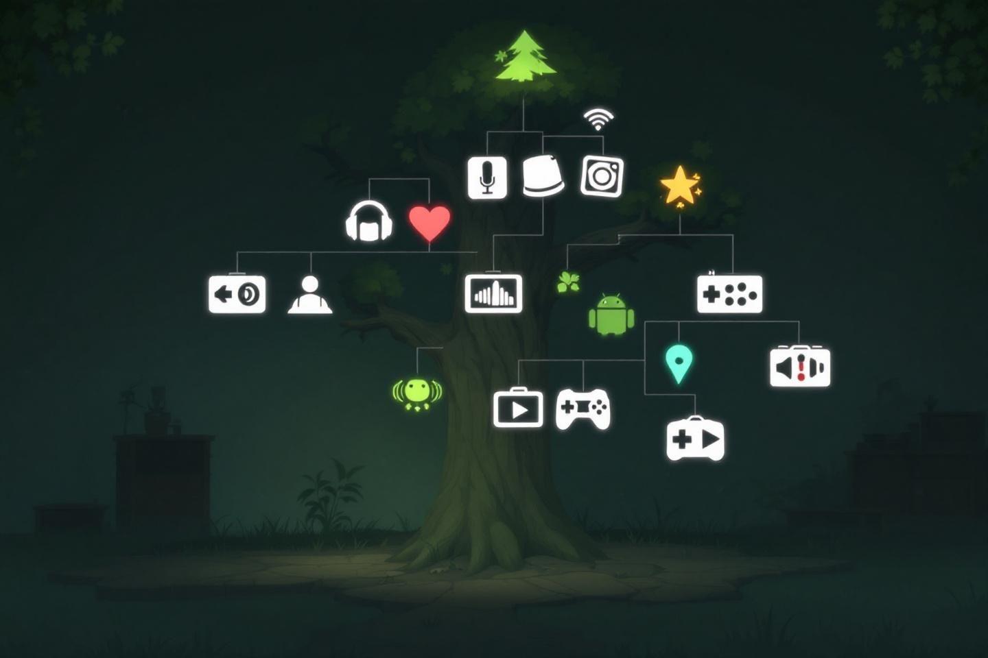 Arbre num&eacute;rique avec ic&ocirc;nes de technologies et applications connect&eacute;es