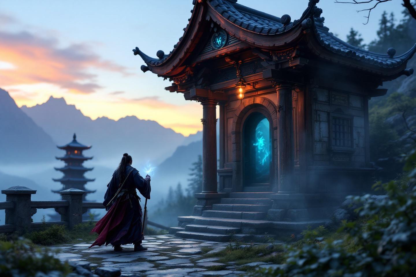 Temple traditionnel asiatique avec figure fantomatique à la tombée du jour