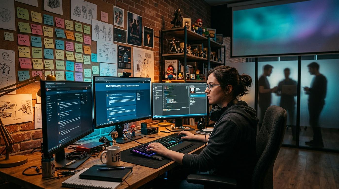 Femme programmant sur trois écrans dans un bureau inspirant