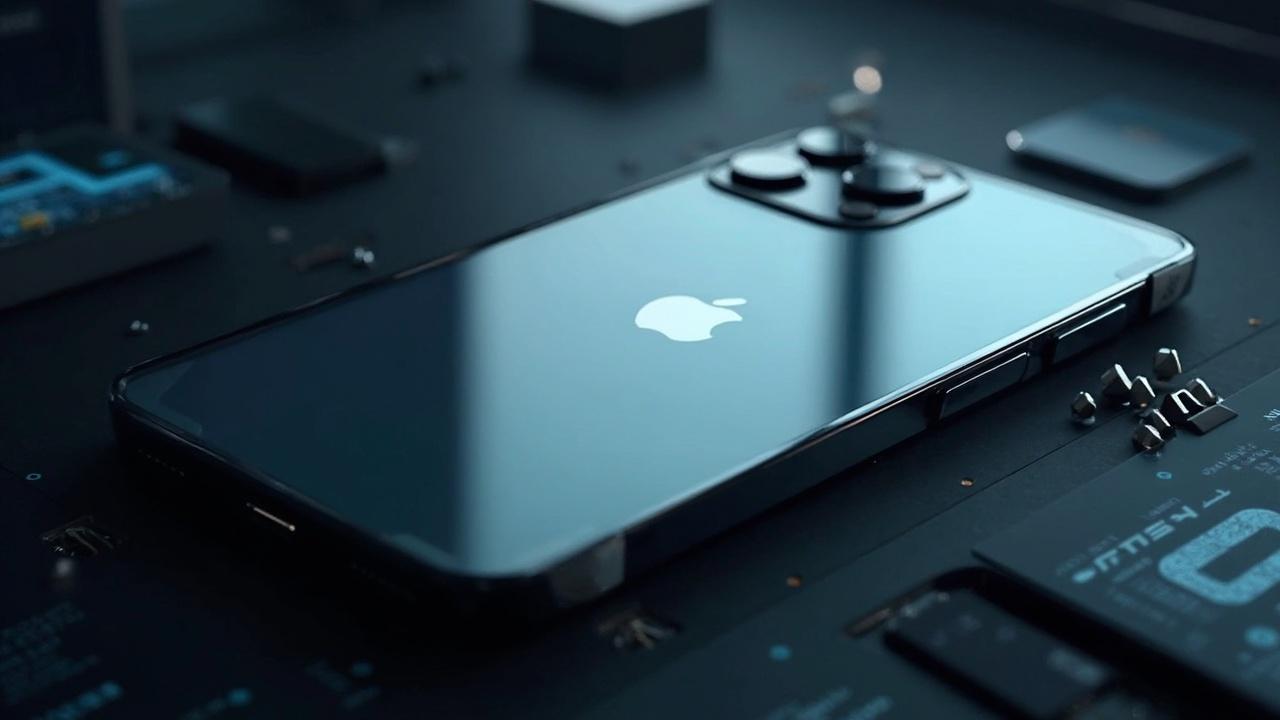 Gros plan sur un smartphone Apple posé sur un circuit électronique