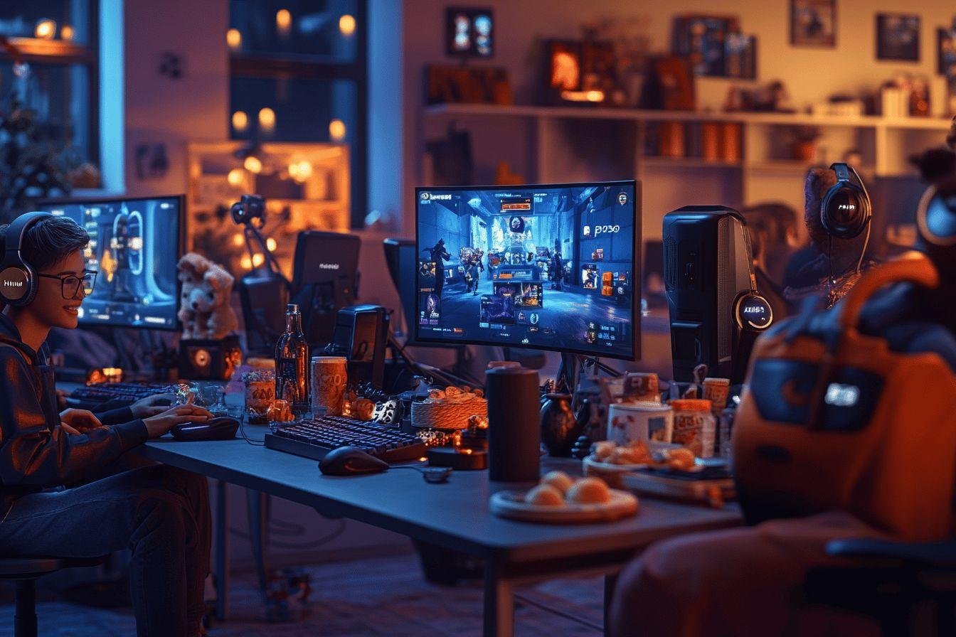 Espace de jeu avec ordinateurs, écrans, collations et ambiance tamisée