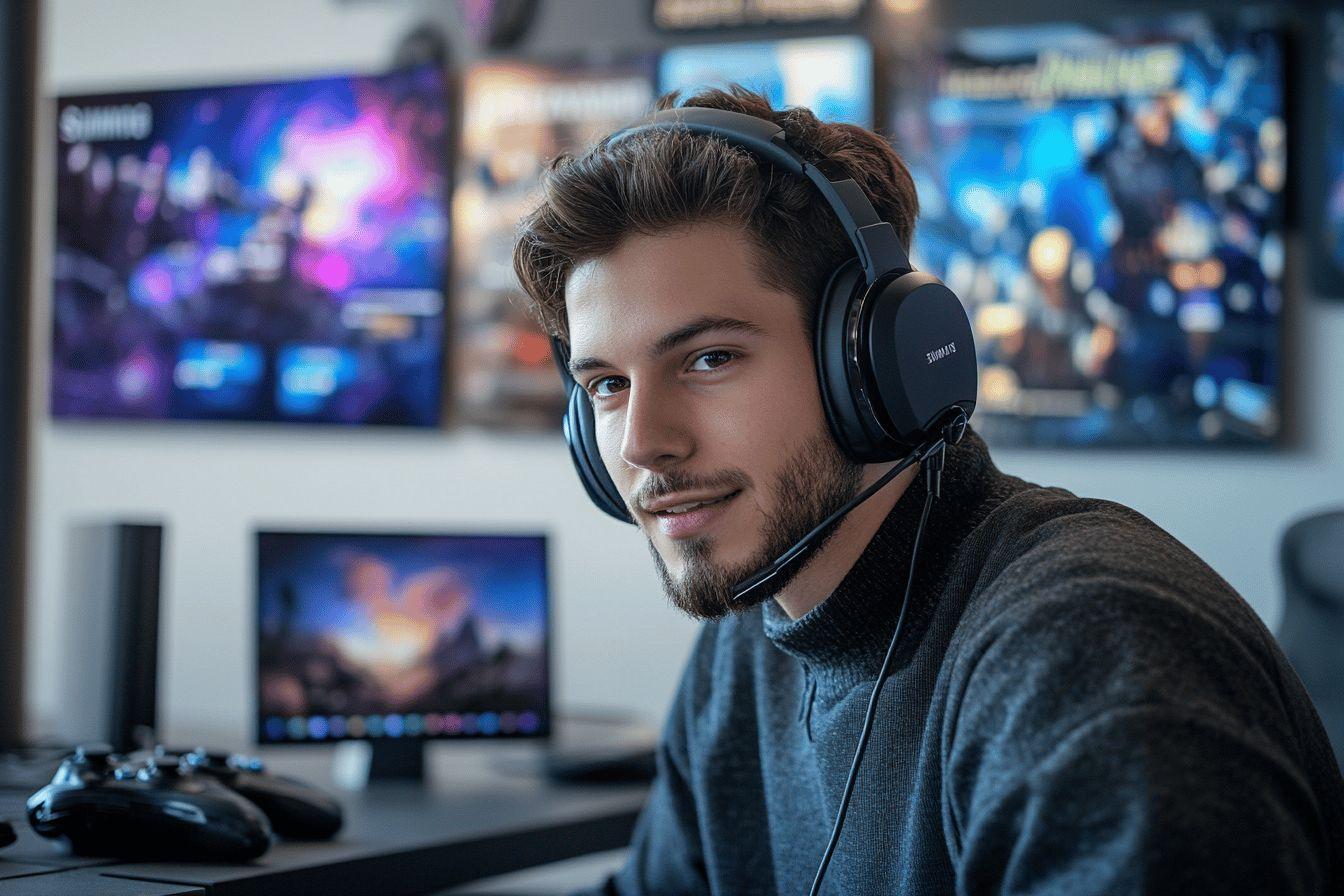 Jeune homme avec casque gaming devant des écrans multicolores