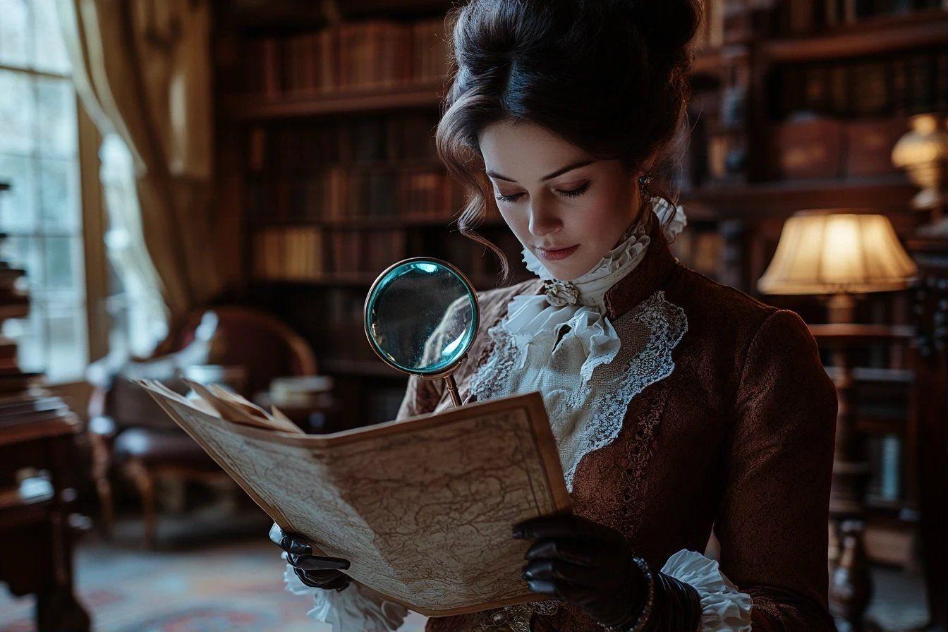 Femme élégante à la loupe examinant un vieux parchemin