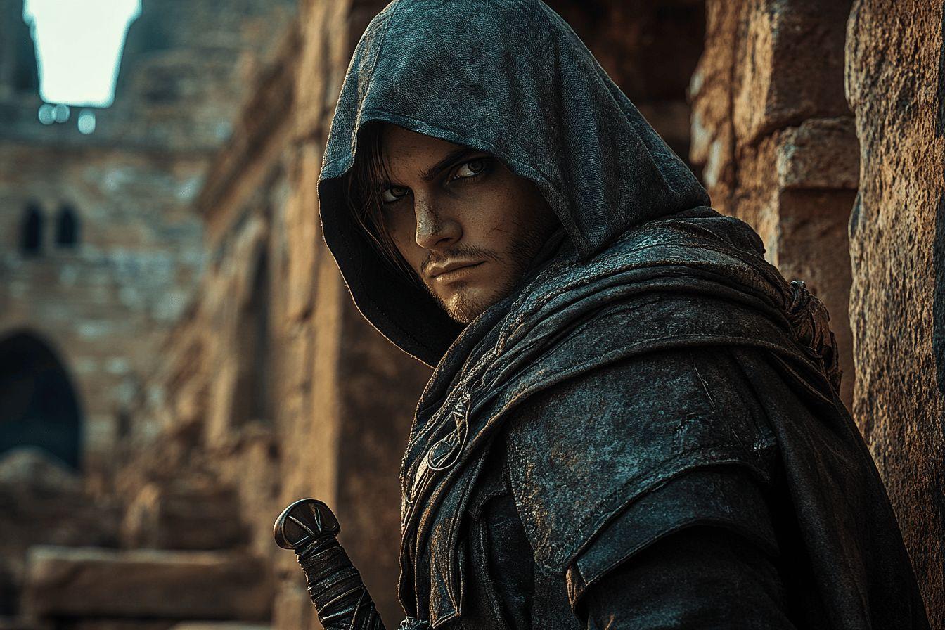 Guerrier encapuché avec épée près d'un mur de pierre