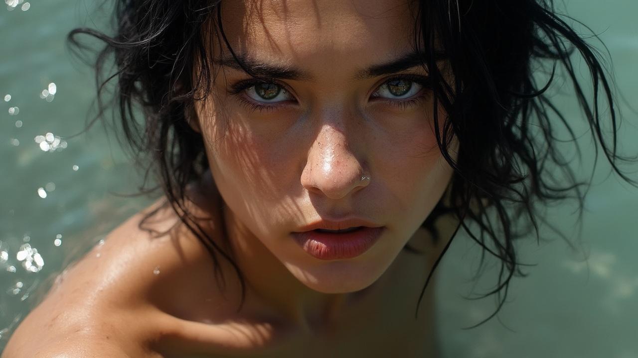 Portrait gros plan d'une femme aux yeux perçants, les cheveux mouillés dans l'eau.
