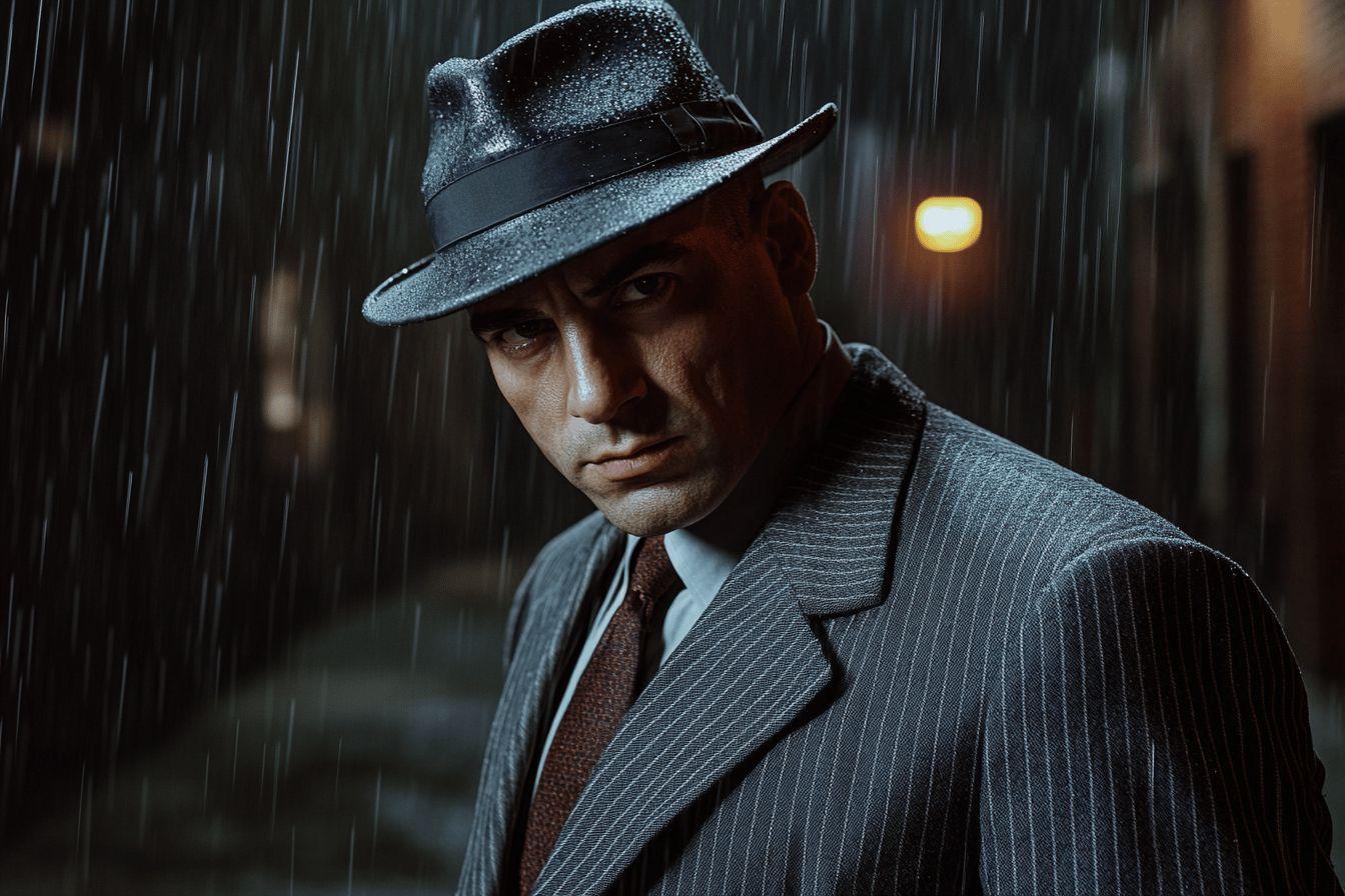 Homme élégant au chapeau sous des gouttes de pluie