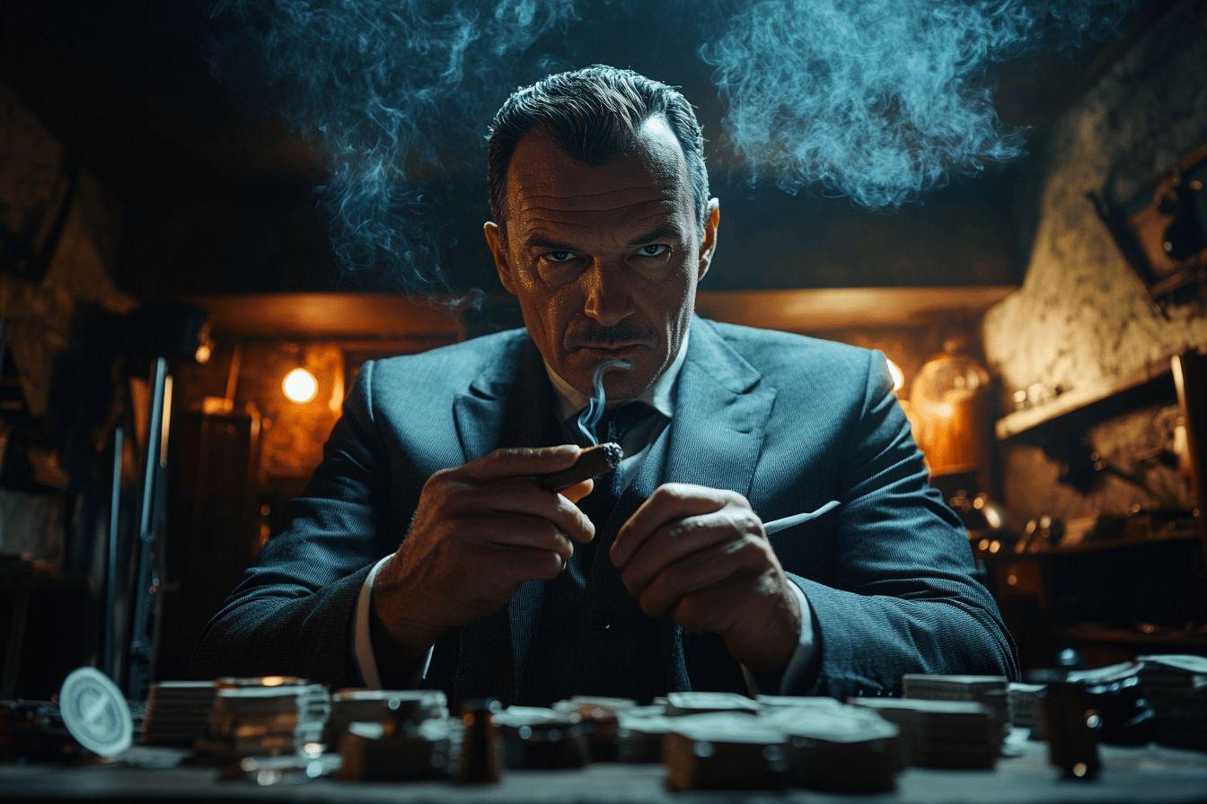 Homme en costume sombre tenant un cigare dans un environnement mystérieux