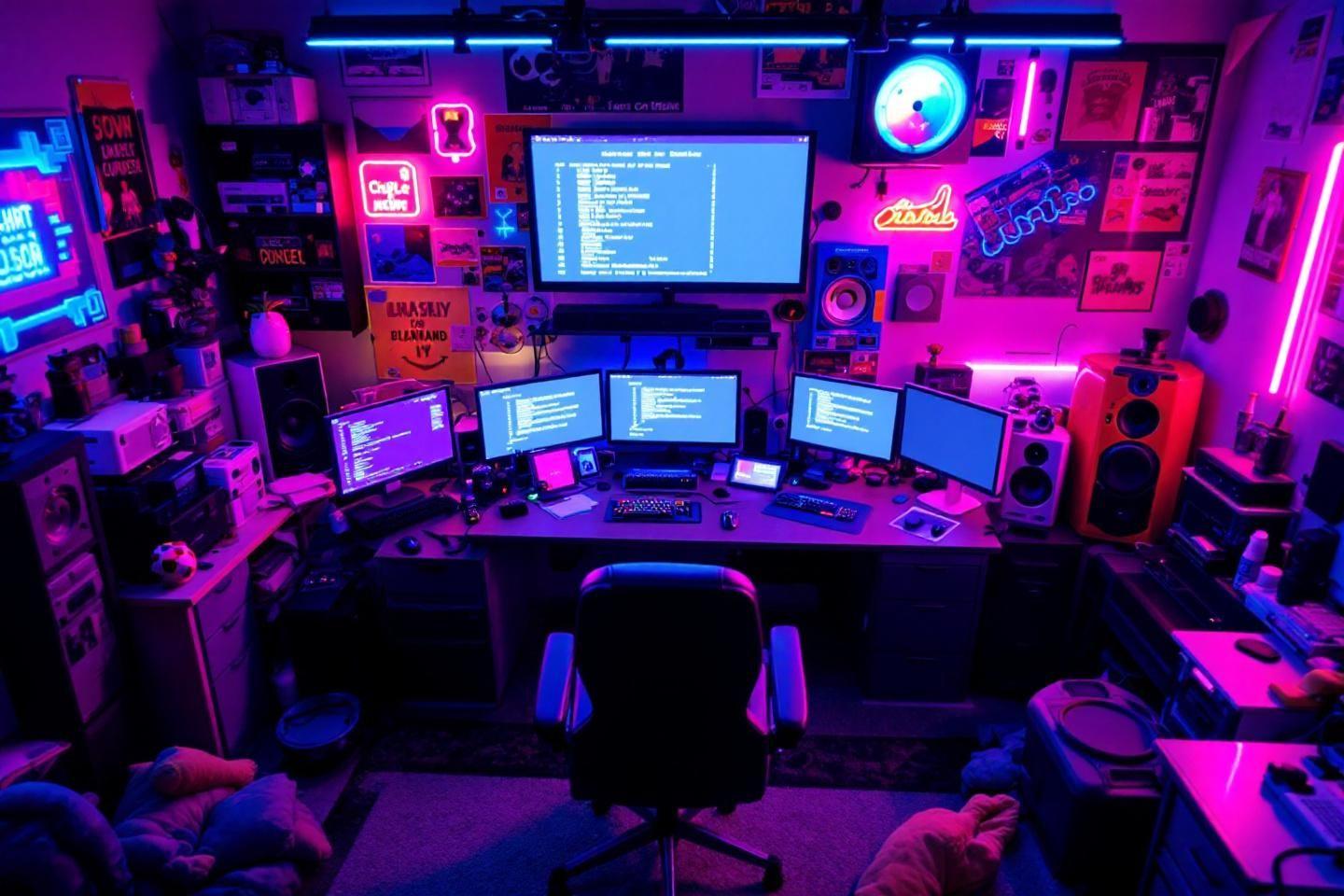 Bureau multiécrans avec éclairage néon violet et bleu