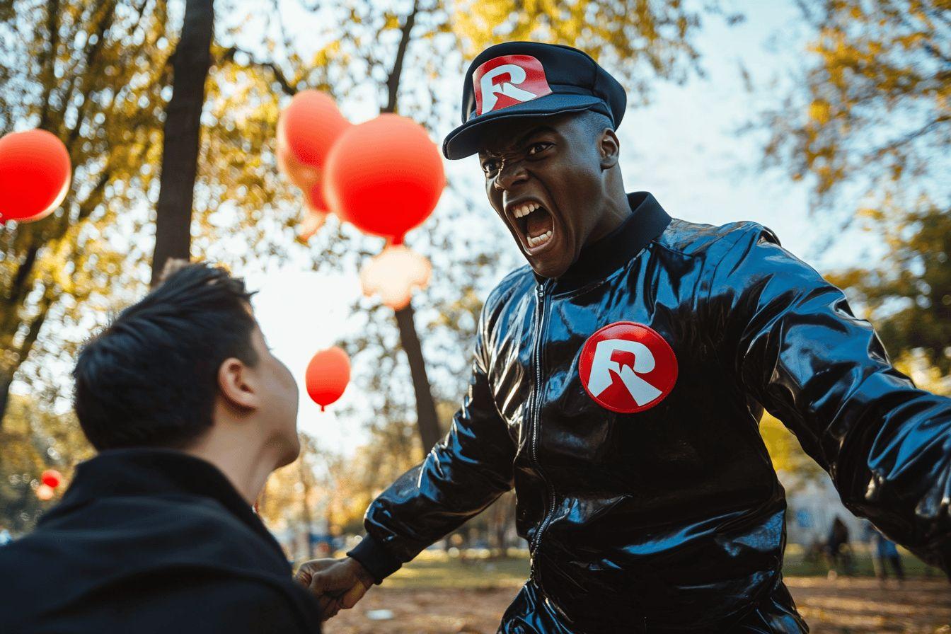 Homme criant à côté de ballons rouges dans un parc