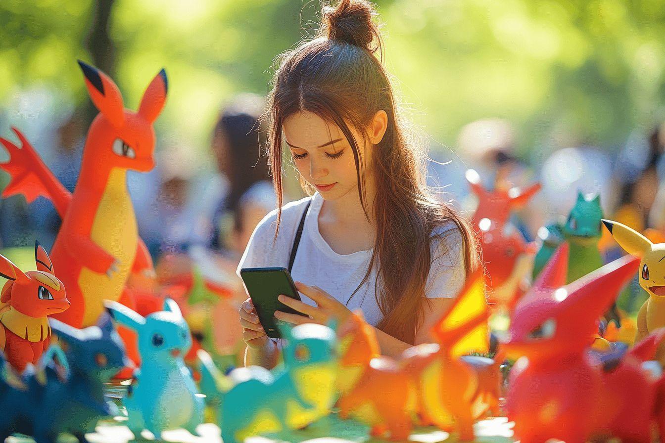 Jeune femme jouant à Pokémon GO entourée de figurines colorées