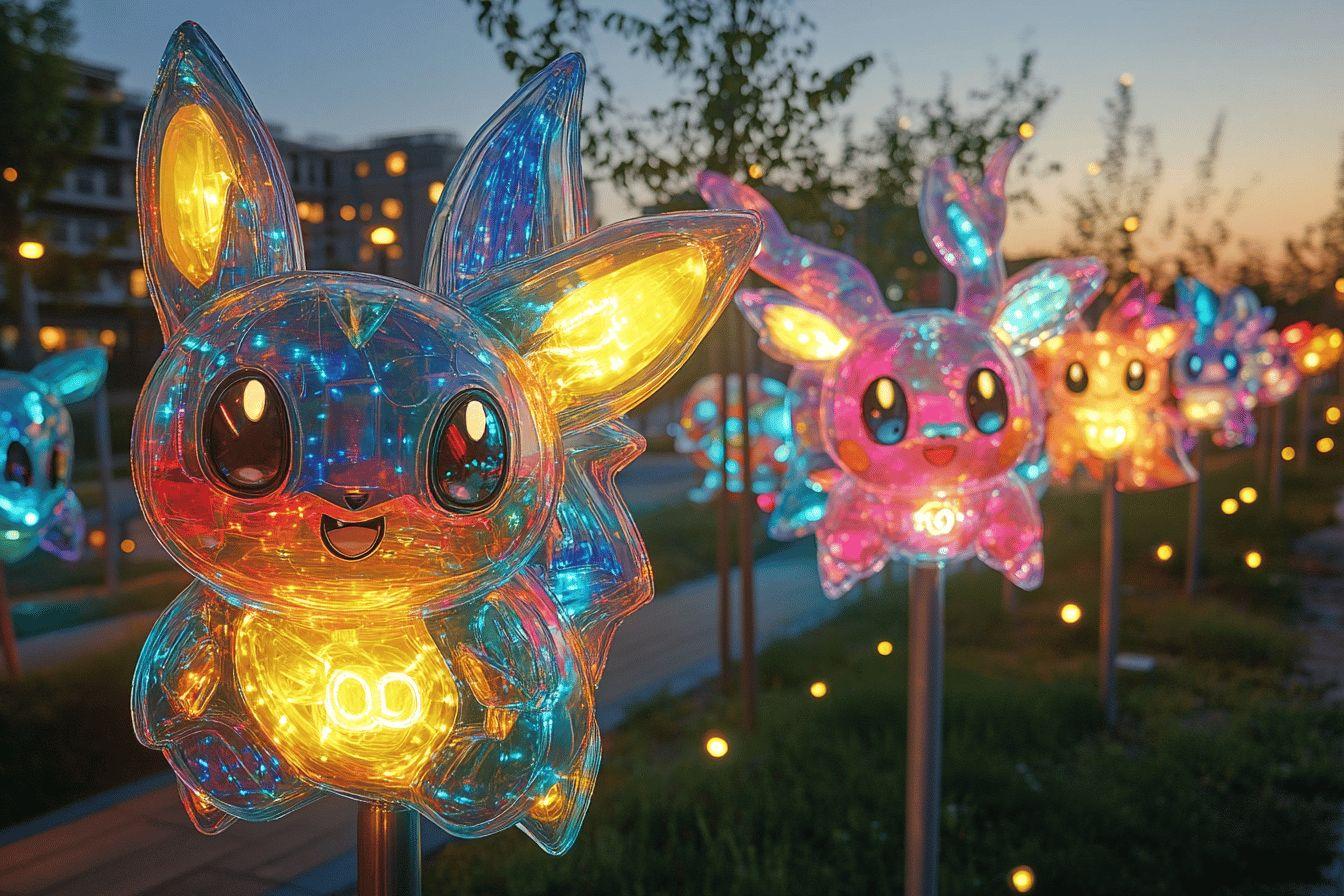Figurines Pokémon translucides illuminées la nuit