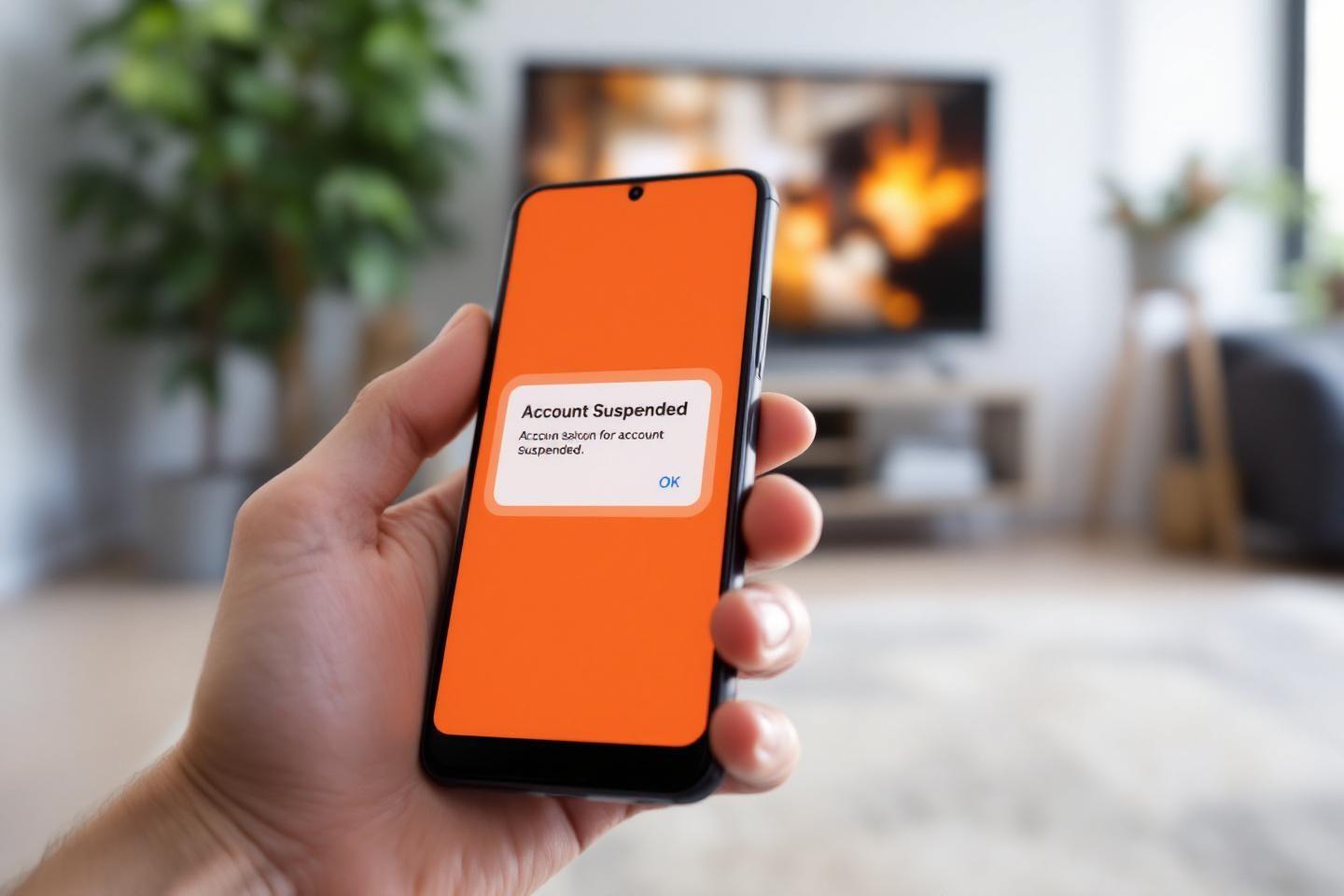 Écran orange affichant un message de suspension de compte