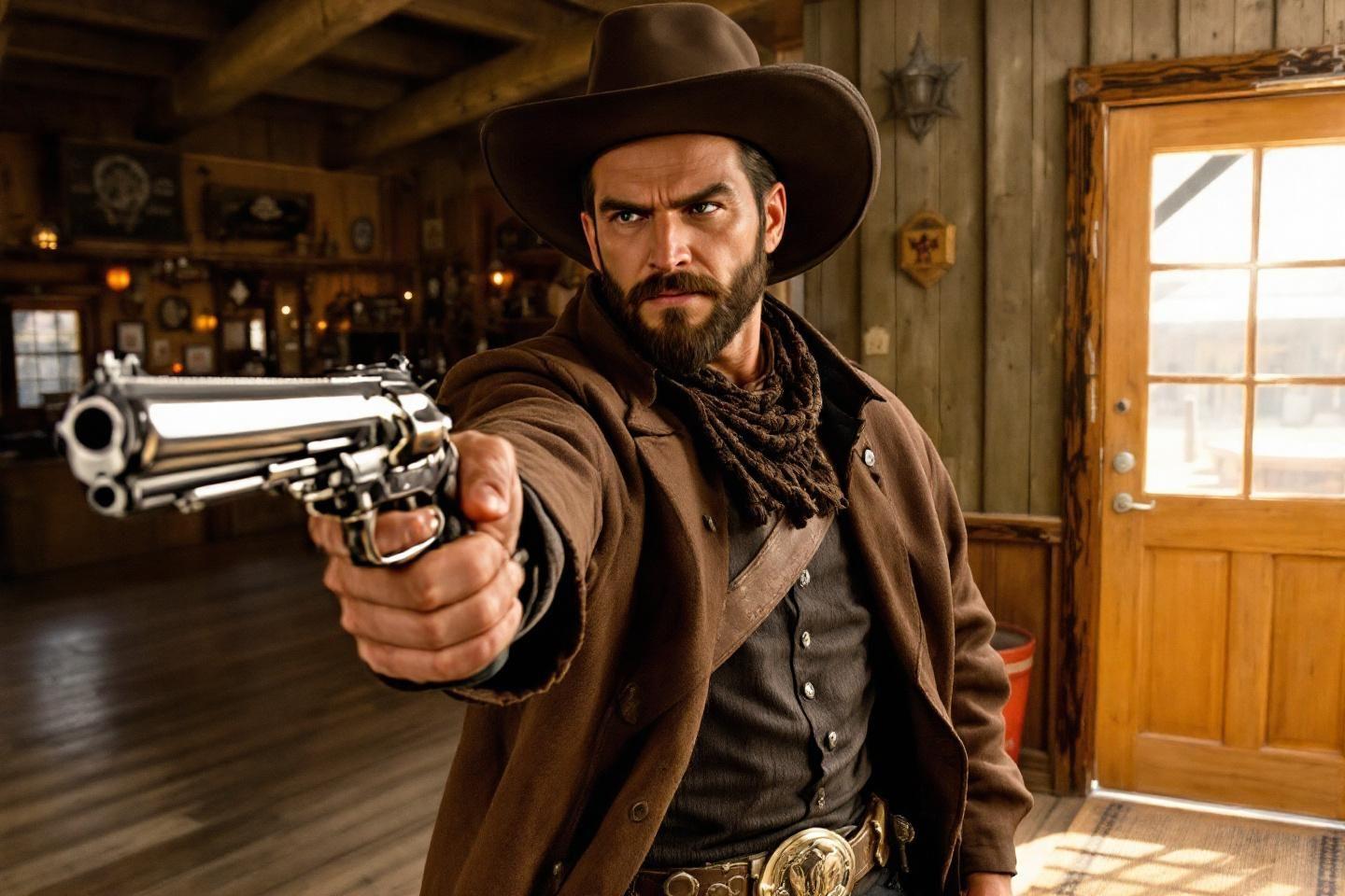 Homme armé au pistolet, costume western, regard intense