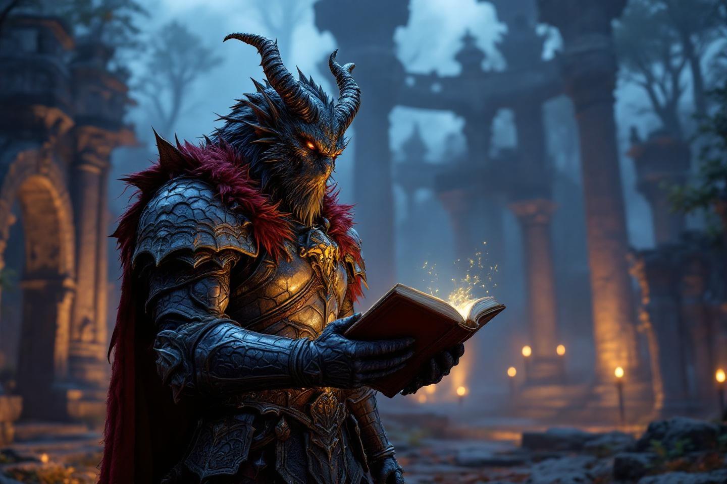 Créature dragon en armure lisant un livre magique dans un décor médiéval