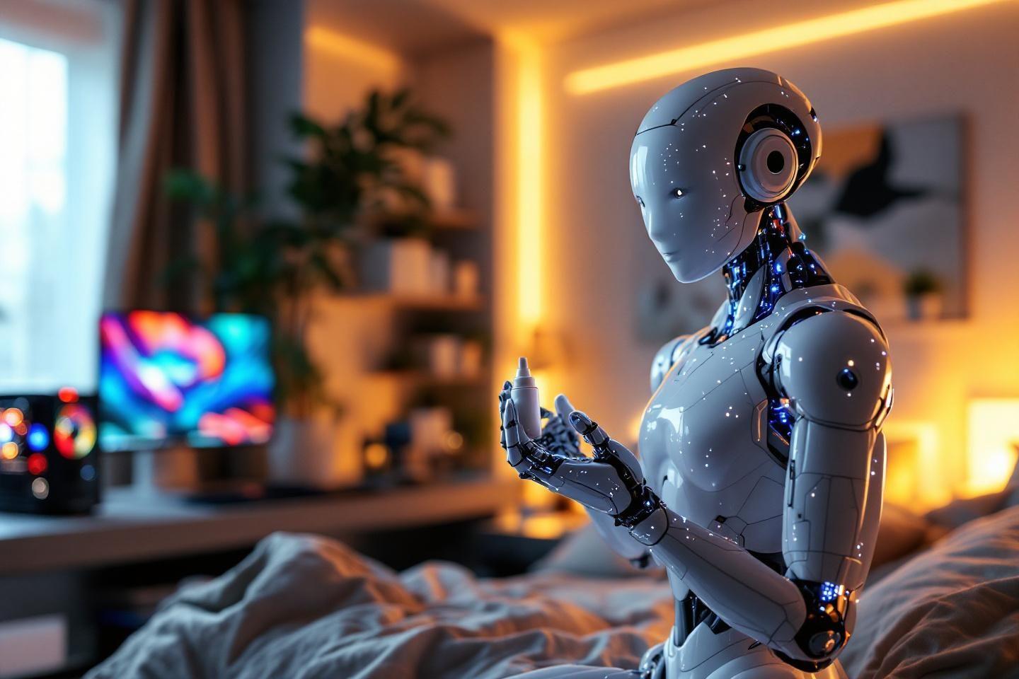 Robot argenté avec écran coloré dans un salon chaleureux