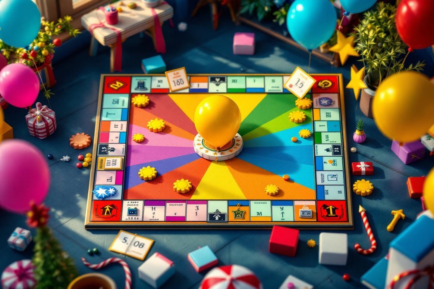 Jeu de société avec ballons et décorations sur fond bleu