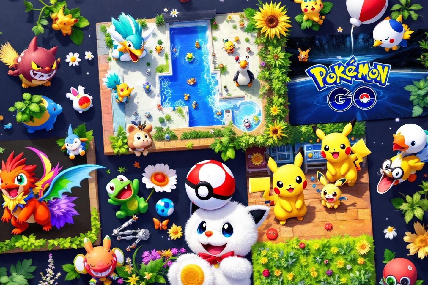 Pokémon ludiques autour d'une piscine avec des fleurs
