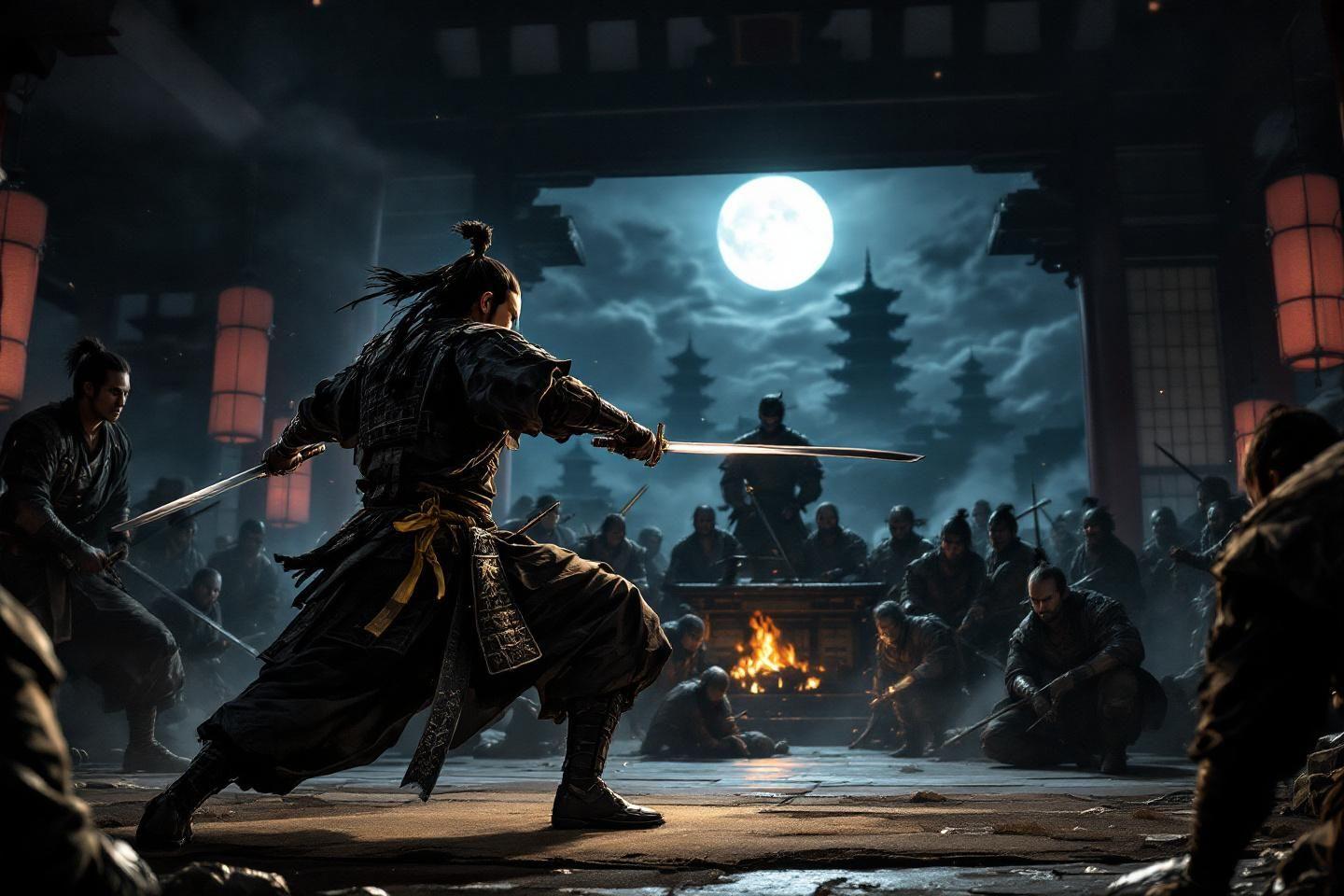 Guerrier japonais au clair de lune contre des adversaires