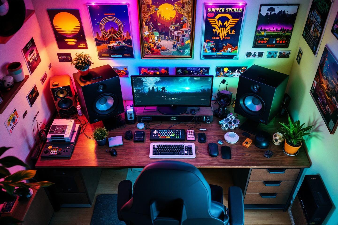 Poste de travail high-tech avec affiches colorées et éclairage ambient