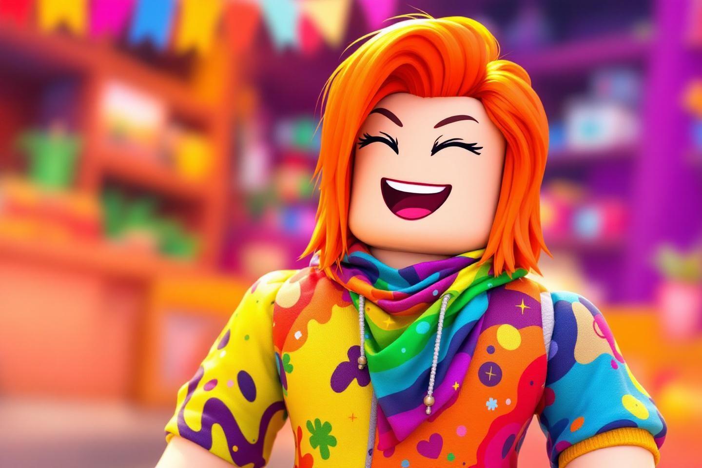 Personnage Roblox aux cheveux orange riant dans un look arc-en-ciel