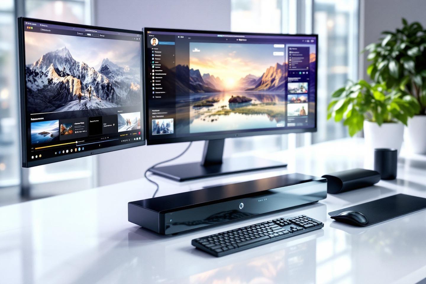 Poste de travail high-tech avec deux écrans et vue montagneuse