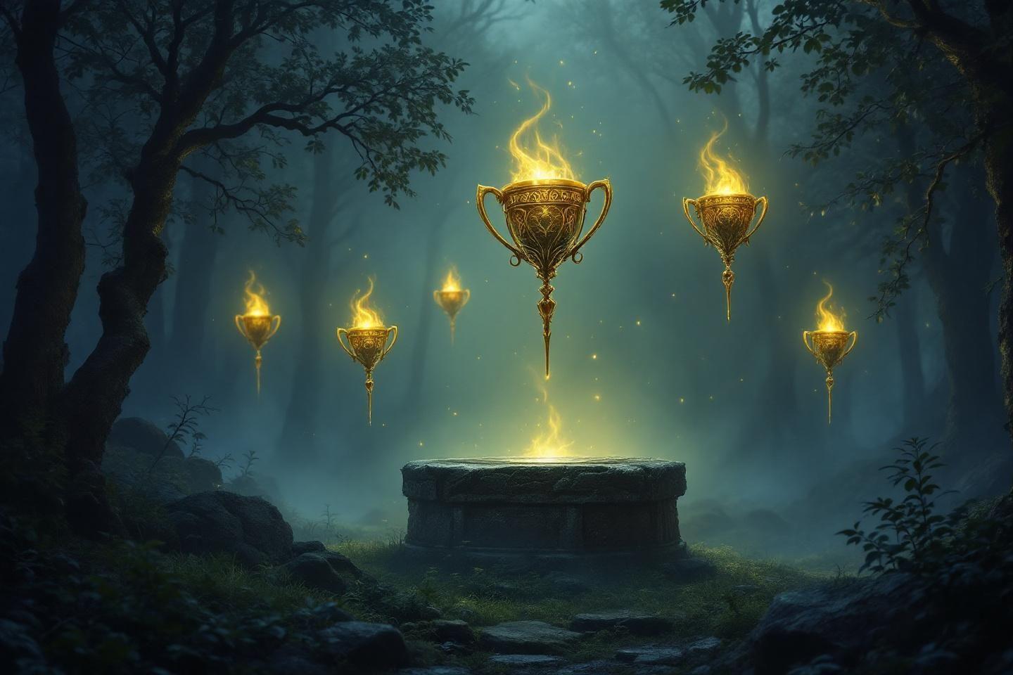 Six coupes dorées flottantes émettant des flammes dans un bois sombre