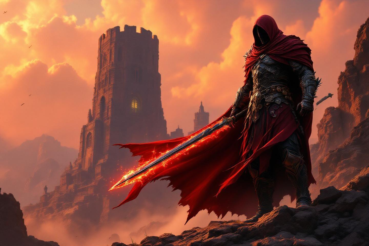 Guerrier &agrave; cape rouge tenant une &eacute;p&eacute;e enflamm&eacute;e pr&egrave;s d'une tour
