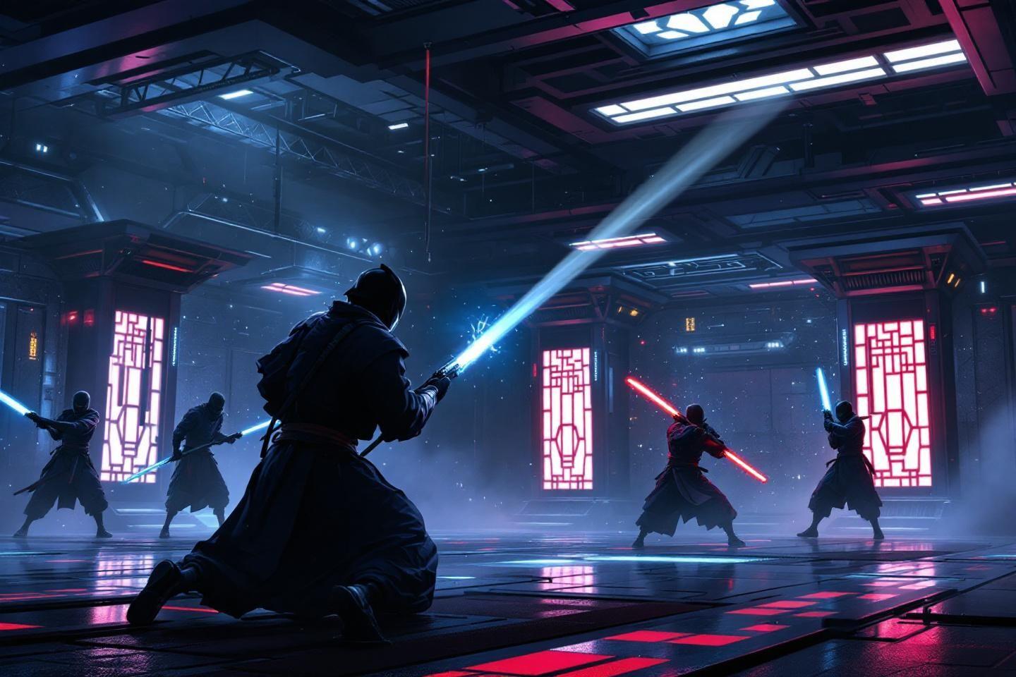 Silhouettes affrontant avec des sabres laser dans un vaisseau spatial