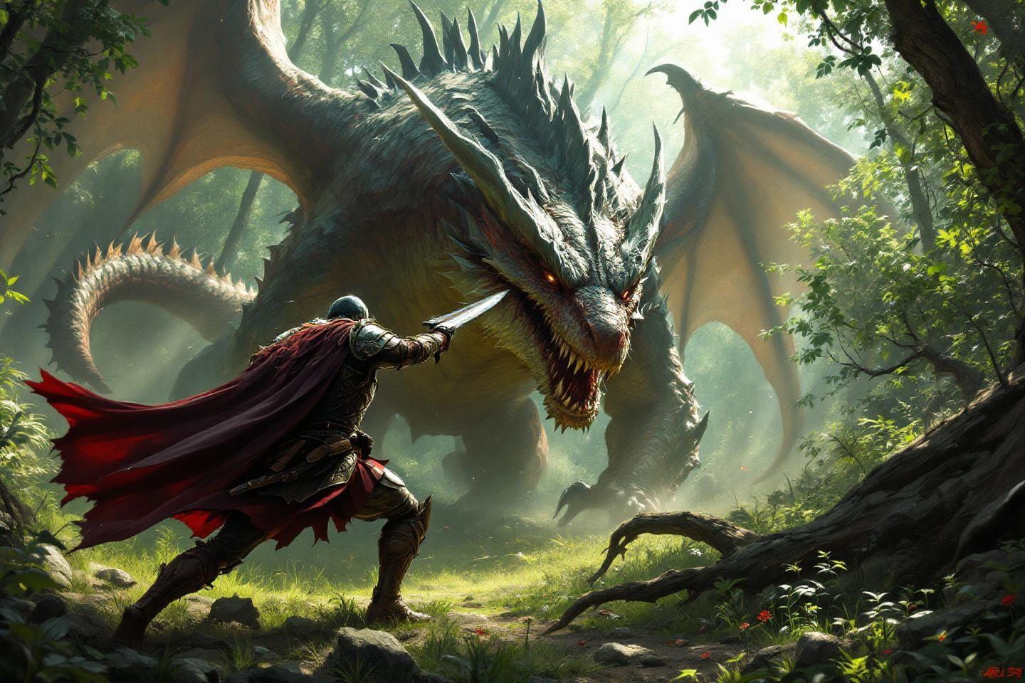 Guerrier à cape rouge affrontant un dragon immense dans une forêt mystérieuse
