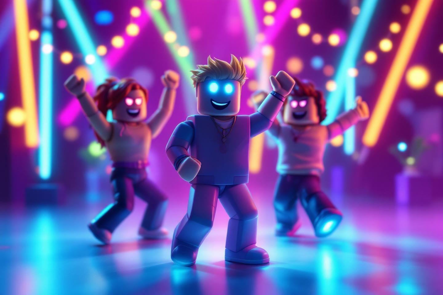 Personnages stylisés dansant sous des lumières colorées