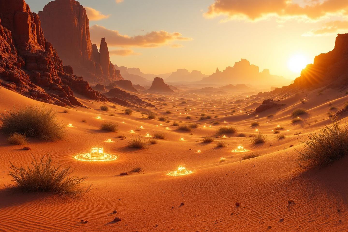 Paysage désertique avec des lumières dorées au coucher du soleil