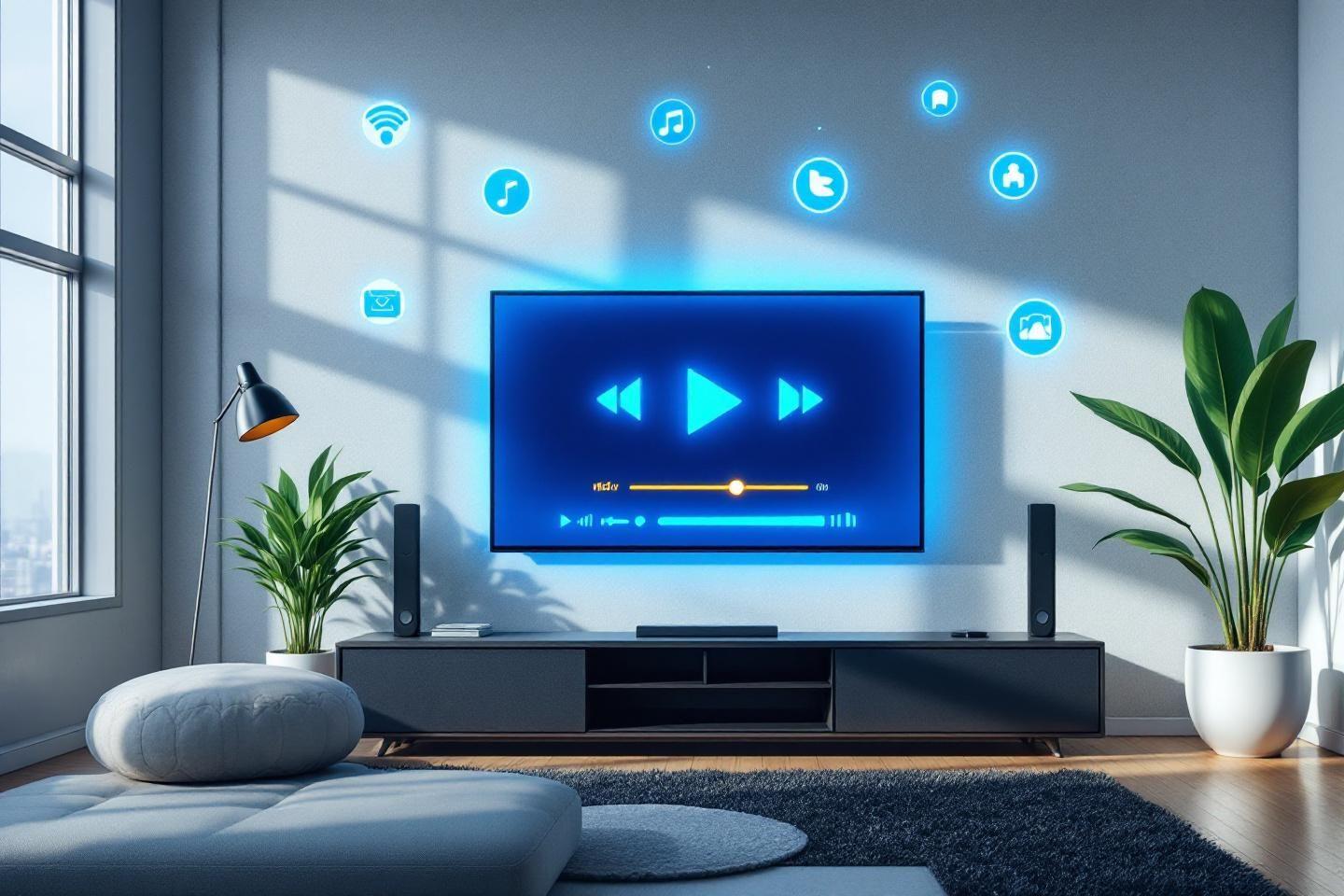 Écran bleu avec icônes, plantes et pouf dans un intérieur moderne