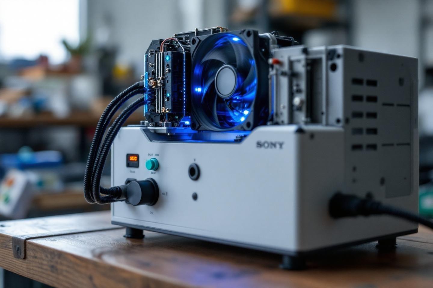 Équipement Sony blanc avec système de refroidissement bleu lumineux