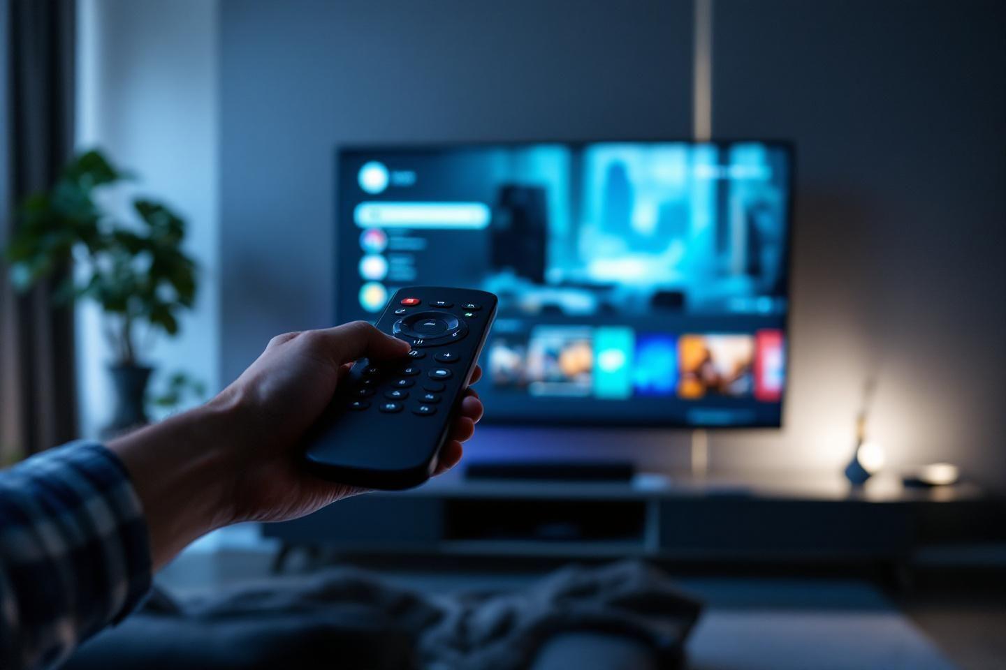 Main tenant une télécommande devant un téléviseur allumé