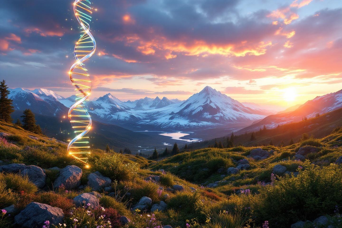 H&eacute;lice d'ADN brillante dans un panorama de montagnes enneig&eacute;es