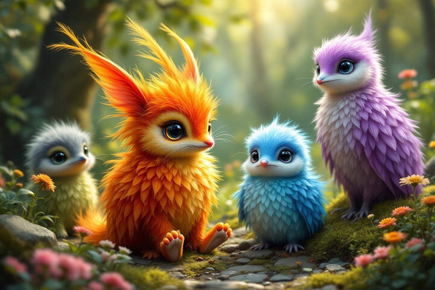 Quatre oisillons fantastiques aux couleurs vives sur un chemin forestier