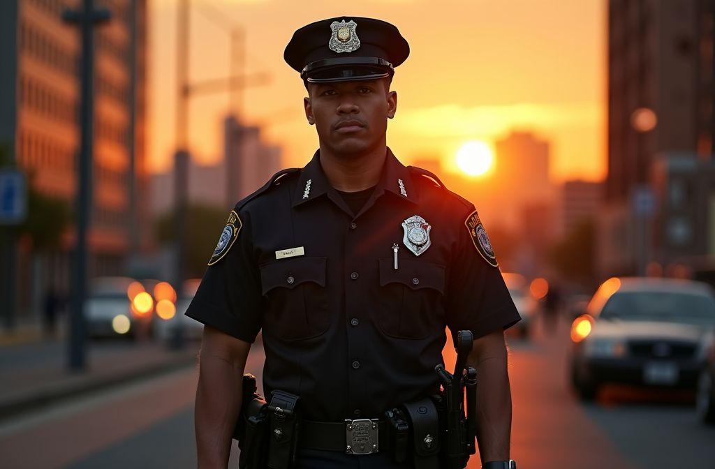 Policier en uniforme debout dans une rue urbaine au crépuscule